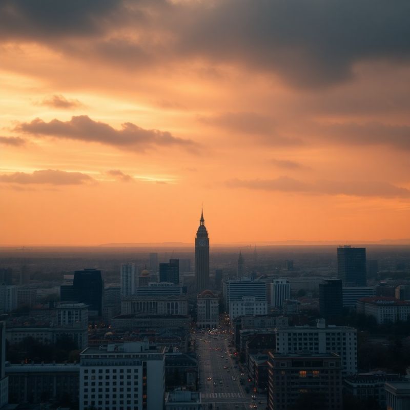 Panoramă a Bucureștiului la apus, cu lumină aurie peste oraș